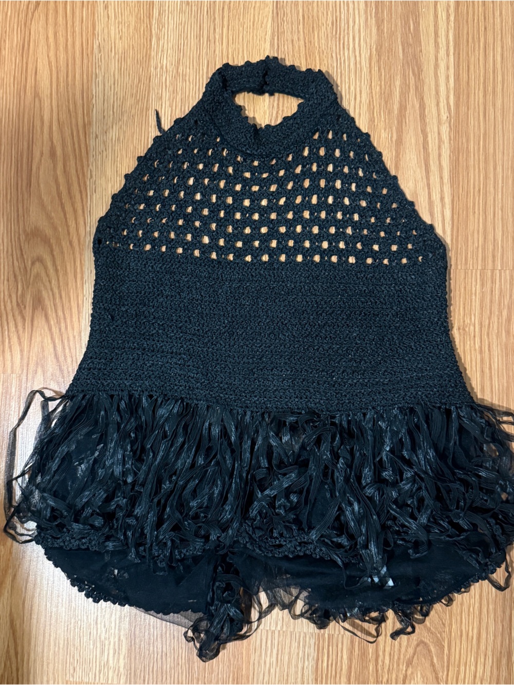 Zara Black Crochet Halter Camisole with Fringe